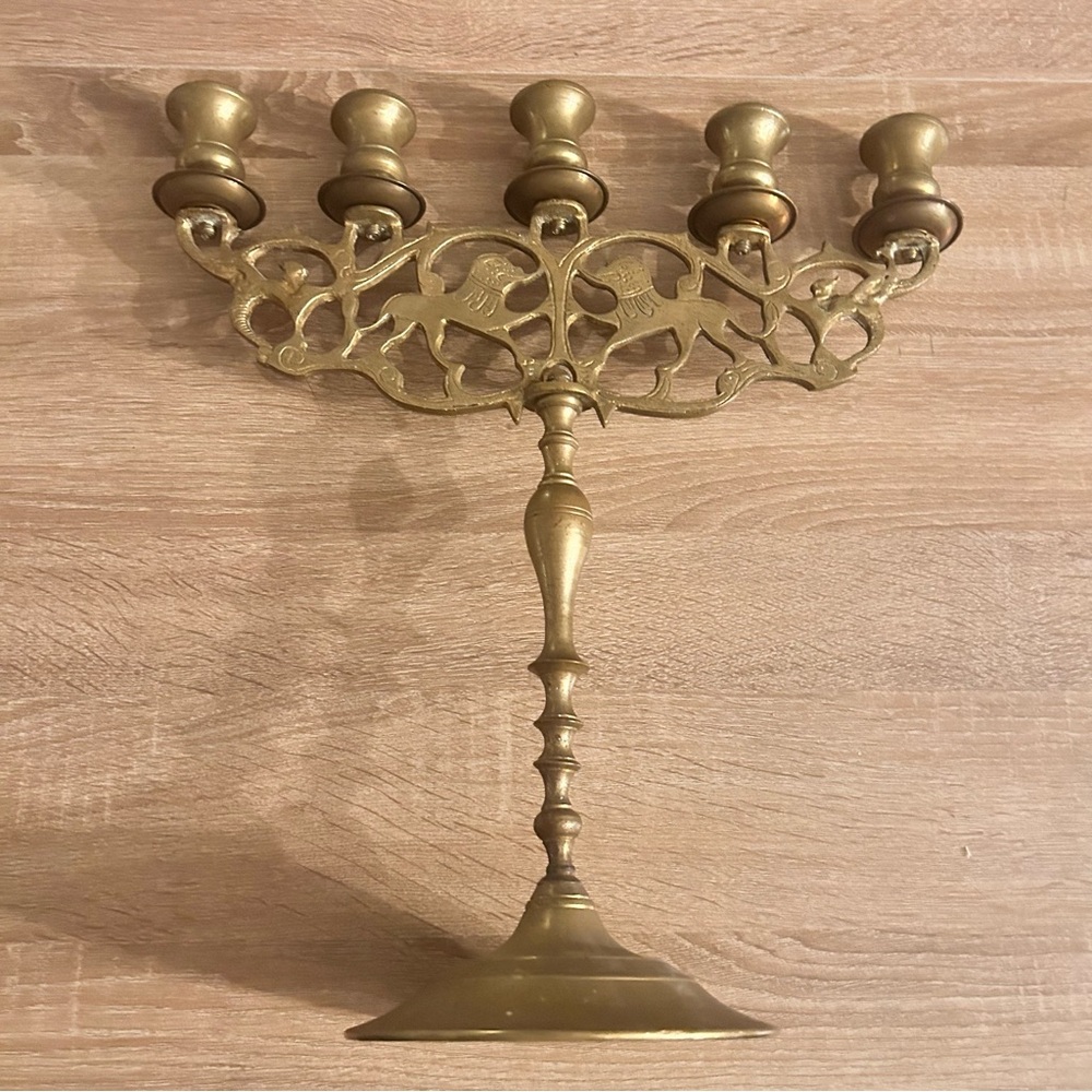 Antique Brass 5 candle Menorah candelabra very old large/ heavy gold brass